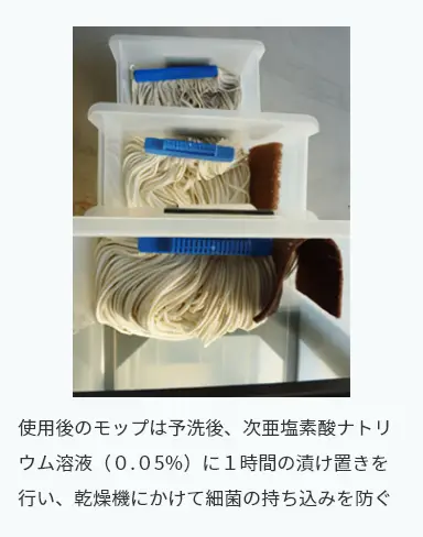 使用後のモップは予洗後、
次亜塩素酸ナトリウム溶液
（０.０5％）に１時間の
漬け置きを行い、
乾燥機にかけて
細菌の持ち込みを防ぐ